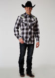 Roper Mens Long Sleeve Snap Black And White Plaid Western Shirt With Embroidery On Front Yokes Patch Pockets