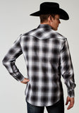 Roper Mens Long Sleeve Snap Black And White Plaid Western Shirt With Embroidery On Front Yokes Patch Pockets