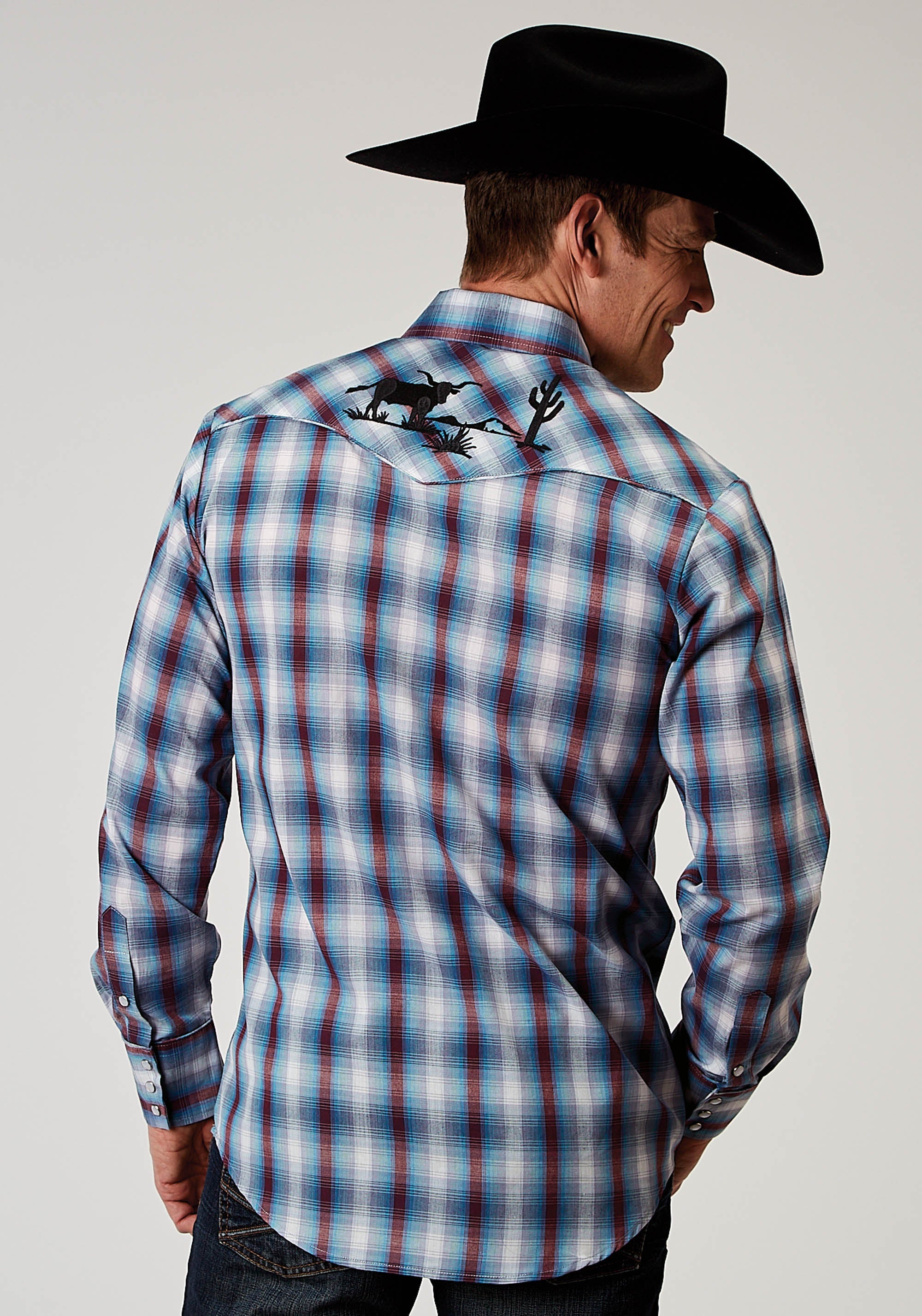 Roper Mens Long Sleeve Snap Americana Plaid Western Shirt With Embroidery On Back Yokes Smile Pockets