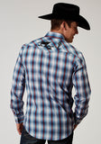 Roper Mens Long Sleeve Snap Americana Plaid Western Shirt With Embroidery On Back Yokes Smile Pockets