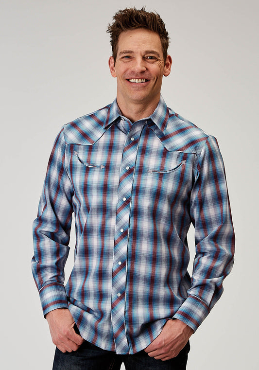 Roper Mens Long Sleeve Snap Americana Plaid Western Shirt With Embroidery On Back Yokes Smile Pockets - Roper