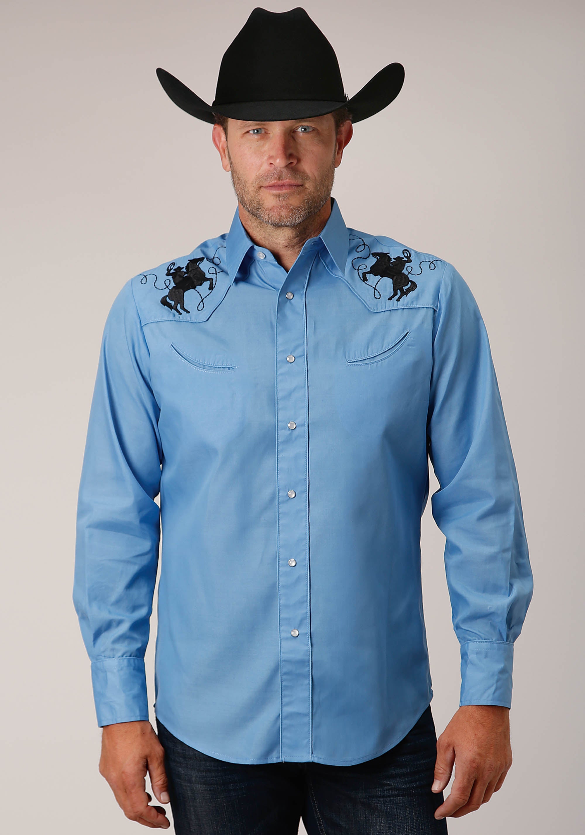 Roper Mens Long Sleeve Snap Solid Broadcloth  Heritage Blue Western Shirt