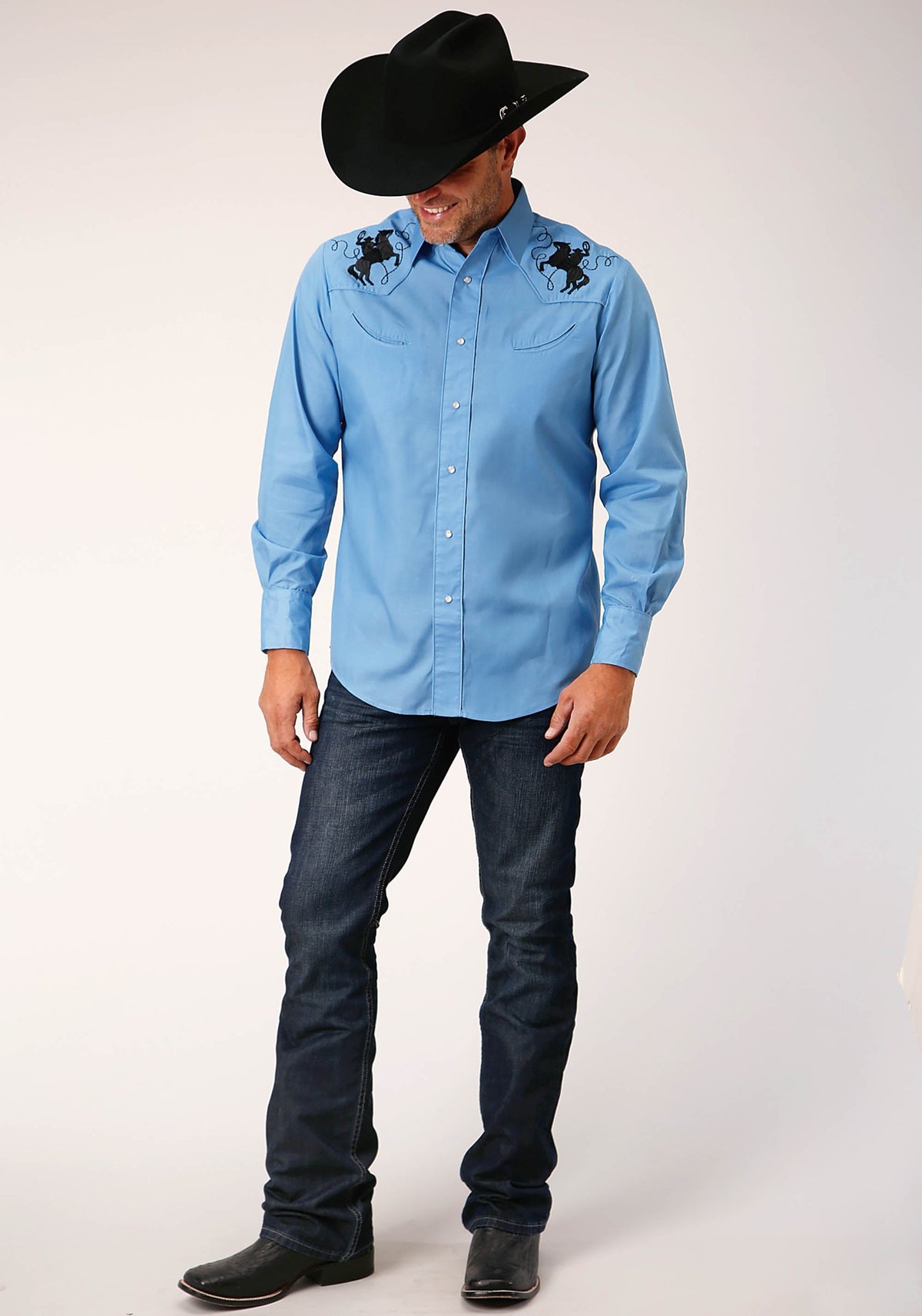 Roper Mens Long Sleeve Snap Solid Broadcloth  Heritage Blue Western Shirt