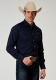 Roper Mens Long Sleeve Snap Solid Broadcloth Deep Navy Western Shirt With Embroidery On Back Yokes Smile Pockets