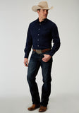 Roper Mens Long Sleeve Snap Solid Broadcloth Deep Navy Western Shirt With Embroidery On Back Yokes Smile Pockets