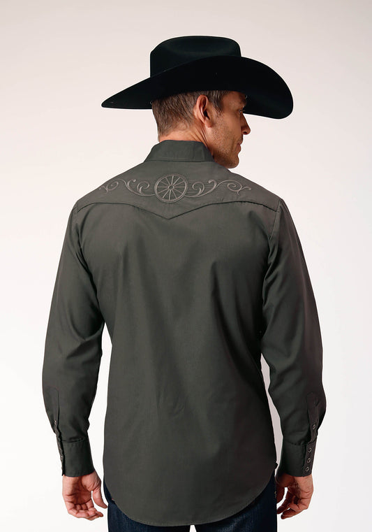 Roper Mens Long Sleeve Snap Dark Charcoal Grey Broadcloth Western Shirt With Self Piping And Embroidery On Yokes