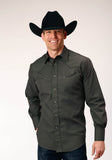 Roper Mens Long Sleeve Snap Dark Charcoal Grey Broadcloth Western Shirt With Self Piping And Embroidery On Yokes