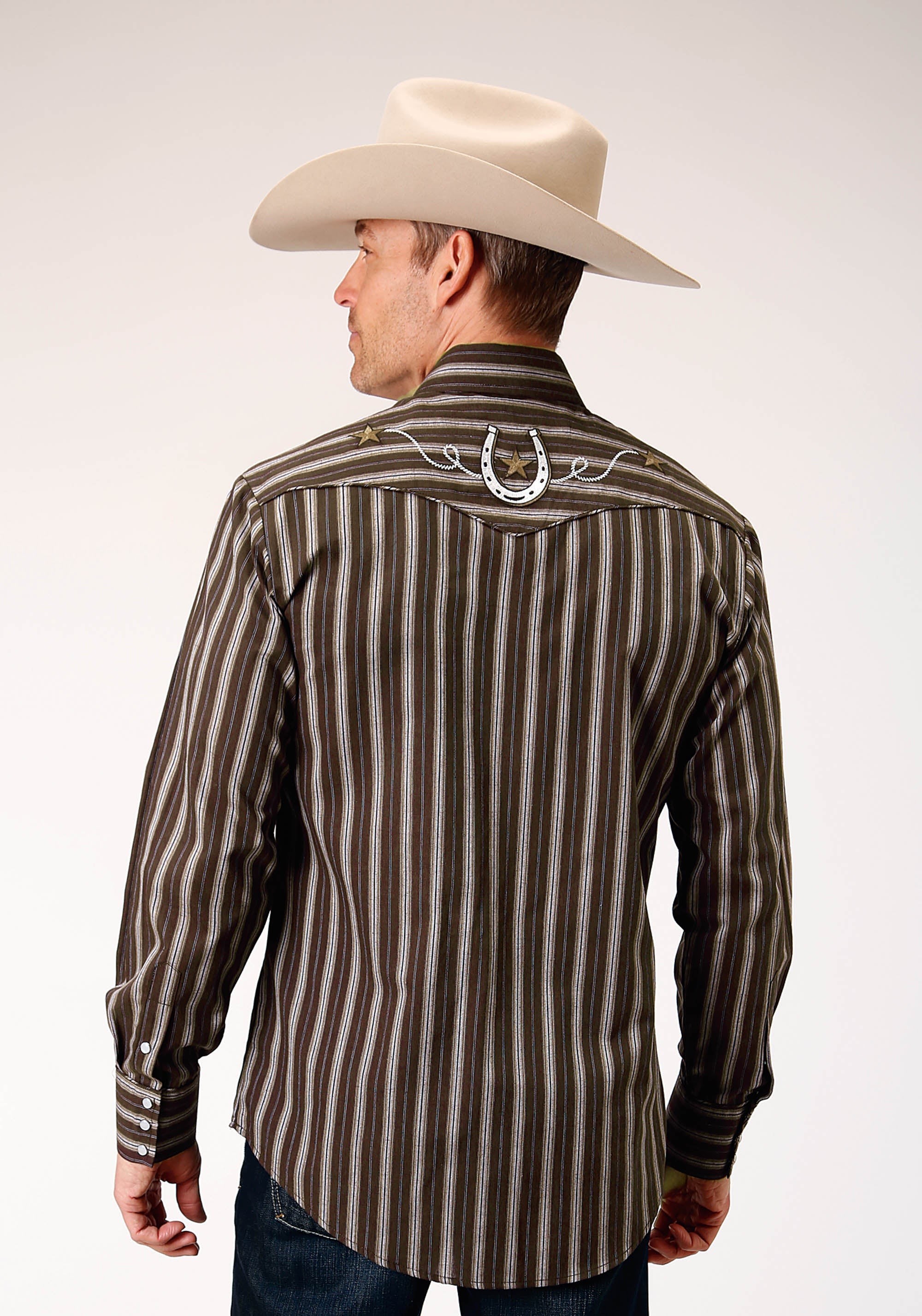 Roper Mens Long Sleeve Snap Chocolate Stripe Western Shirt With Self Piping And Embroidery On Yokes