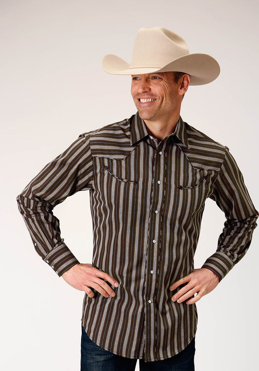 Roper Mens Long Sleeve Snap Chocolate Stripe Western Shirt With Self Piping And Embroidery On Yokes