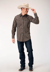 Roper Mens Long Sleeve Snap Chocolate Stripe Western Shirt With Self Piping And Embroidery On Yokes