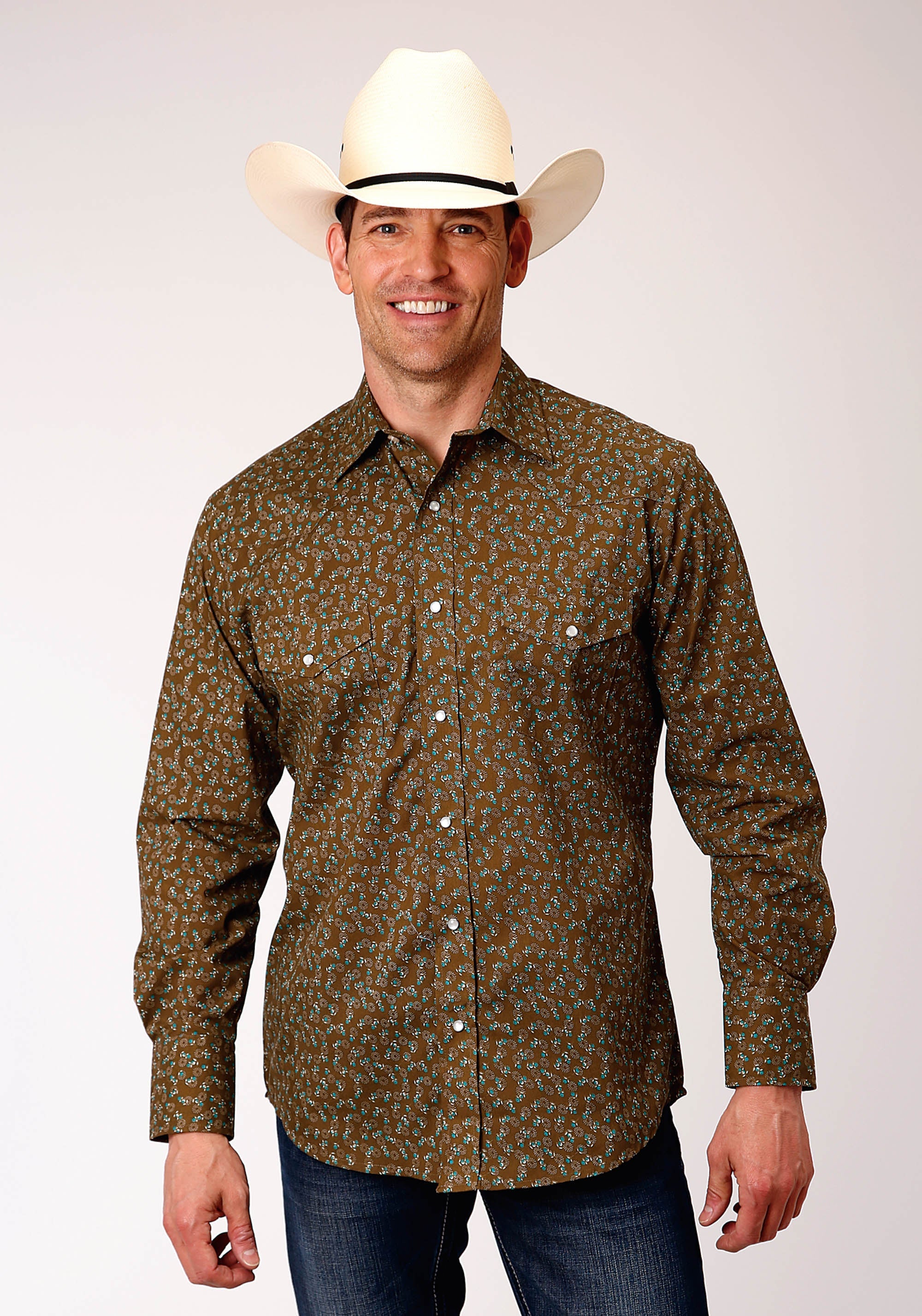 Roper Mens Long Sleeve Snap Brown Turquoise And Cream Mini Floral Print Western Shirt