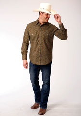 Roper Mens Long Sleeve Snap Brown Turquoise And Cream Mini Floral Print Western Shirt