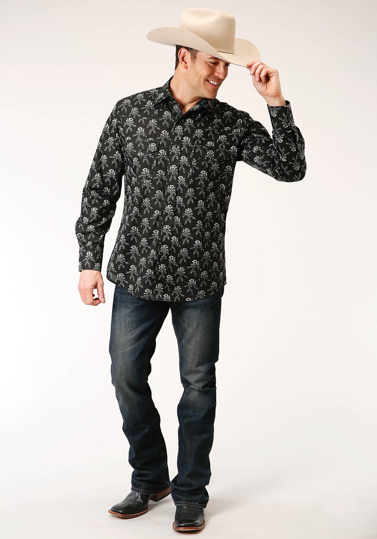 Roper Mens Long Sleeve Snap Black And Cream Floral Print Western Shirt