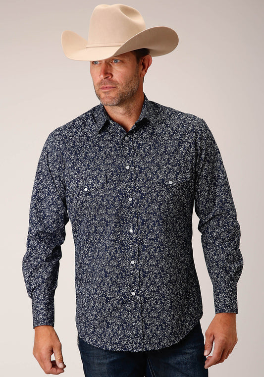 Roper Mens Long Sleeve Snap Navy And White Floral Print Western Shirt