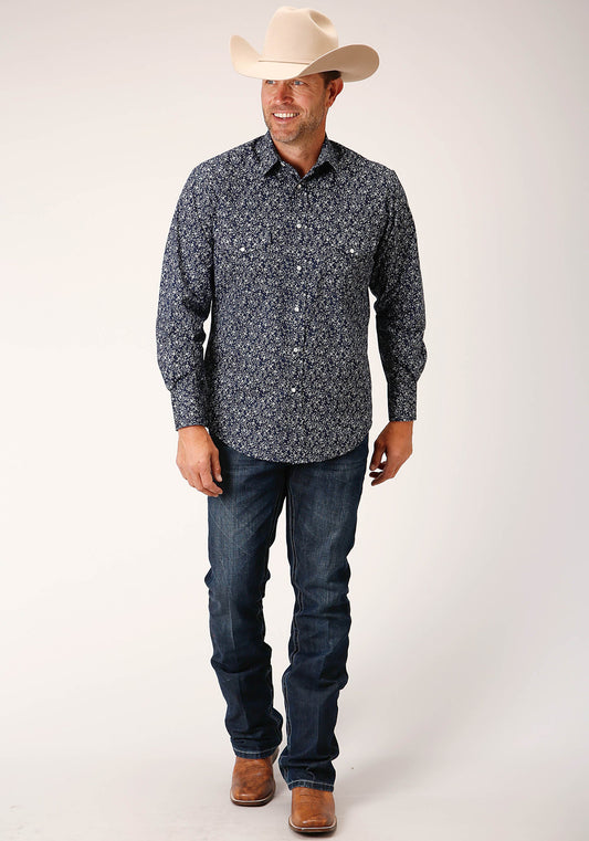 Roper Mens Long Sleeve Snap Navy And White Floral Print Western Shirt