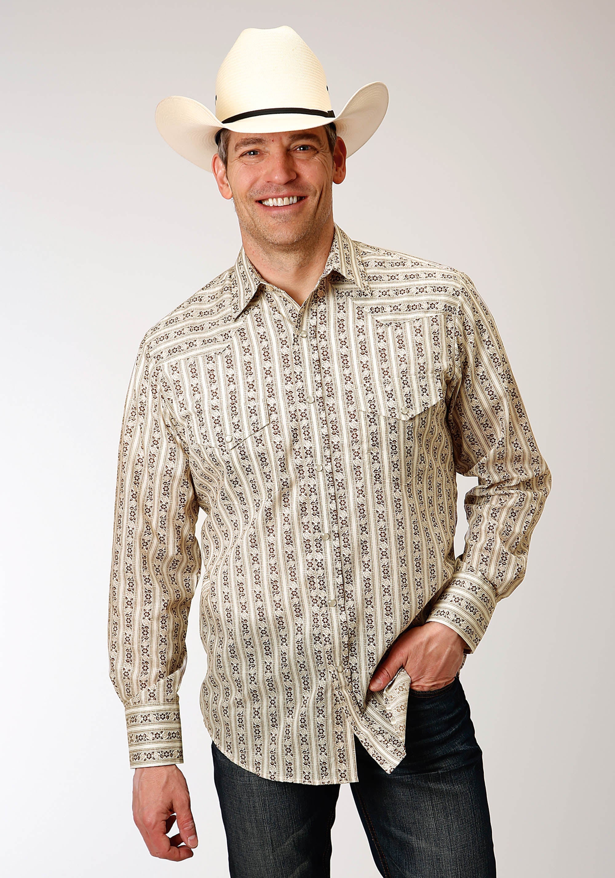 Roper Mens Long Sleeve Snap Cream And Brown Wallpaper Stripe Western Shirt