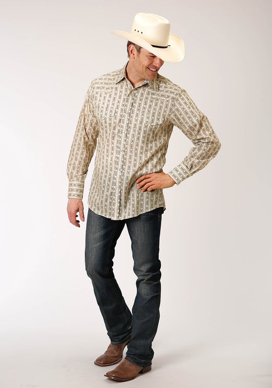 Roper Mens Long Sleeve Snap Cream And Brown Wallpaper Stripe Western Shirt