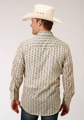 Roper Mens Long Sleeve Snap Cream And Brown Wallpaper Stripe Western Shirt