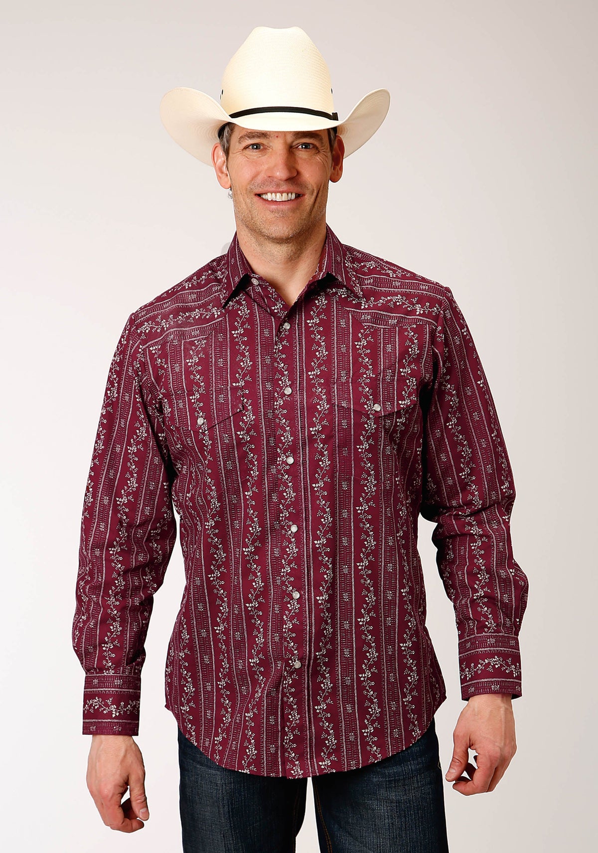 Roper Mens Long Sleeve Snap Brick Red And Cr Wallpaper Stripe Western Shirt