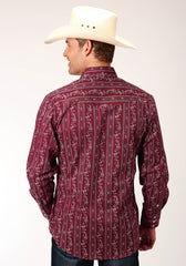 Roper Mens Long Sleeve Snap Brick Red And Cr Wallpaper Stripe Western Shirt