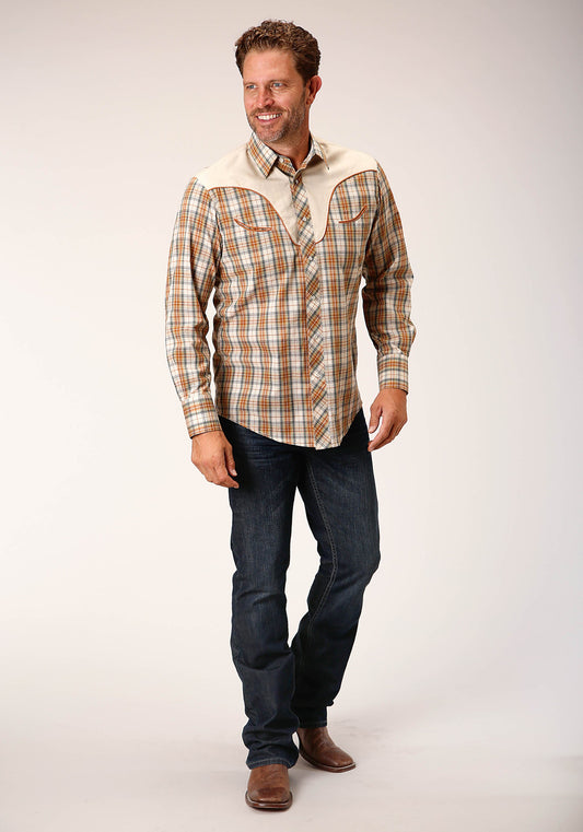 Roper Mens Long Sleeve Snap Khaki Forest Grey Cream Plaid Western Shirt