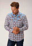 Roper Mens Long Sleeve Snap Light Blue Chocolate White Plaid Western Shirt