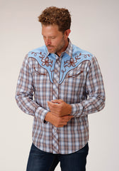 Roper Mens Long Sleeve Snap Light Blue Chocolate White Plaid Western Shirt