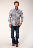 Roper Mens Long Sleeve Snap Light Blue Chocolate White Plaid Western Shirt