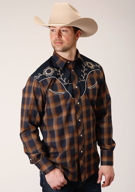 Roper Mens Long Sleeve Snap Navy And Brown Plaid Western Shirt