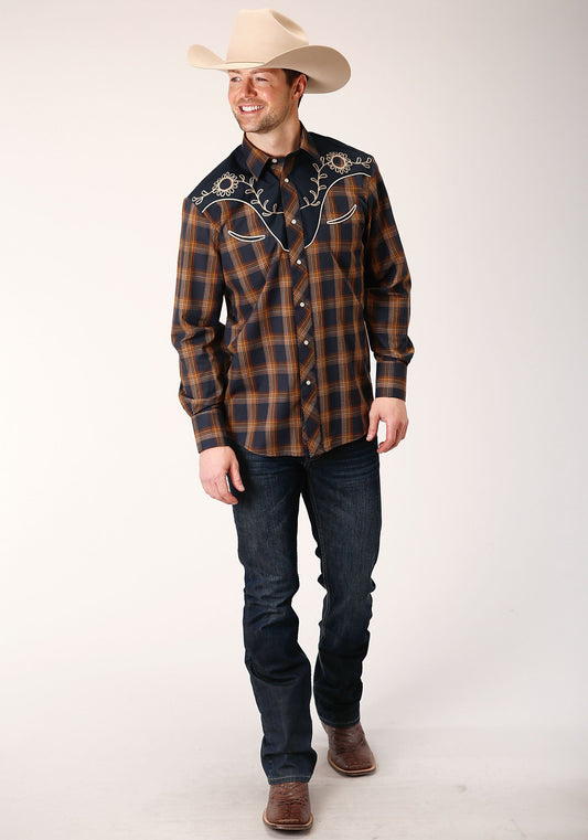 Roper Mens Long Sleeve Snap Navy And Brown Plaid Western Shirt