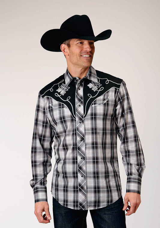 Roper Mens Long Sleeve Snap Black Aqua Grey Plaid Western Shirt With Piping And Applique On Yokes