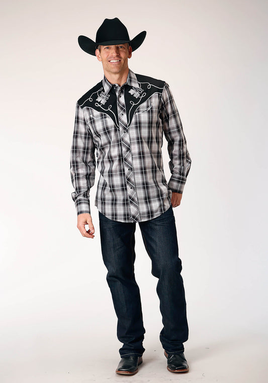 Roper Mens Long Sleeve Snap Black Aqua Grey Plaid Western Shirt With Piping And Applique On Yokes