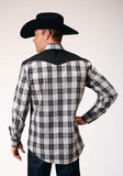 Roper Mens Long Sleeve Snap Black Aqua Grey Plaid Western Shirt With Piping And Applique On Yokes