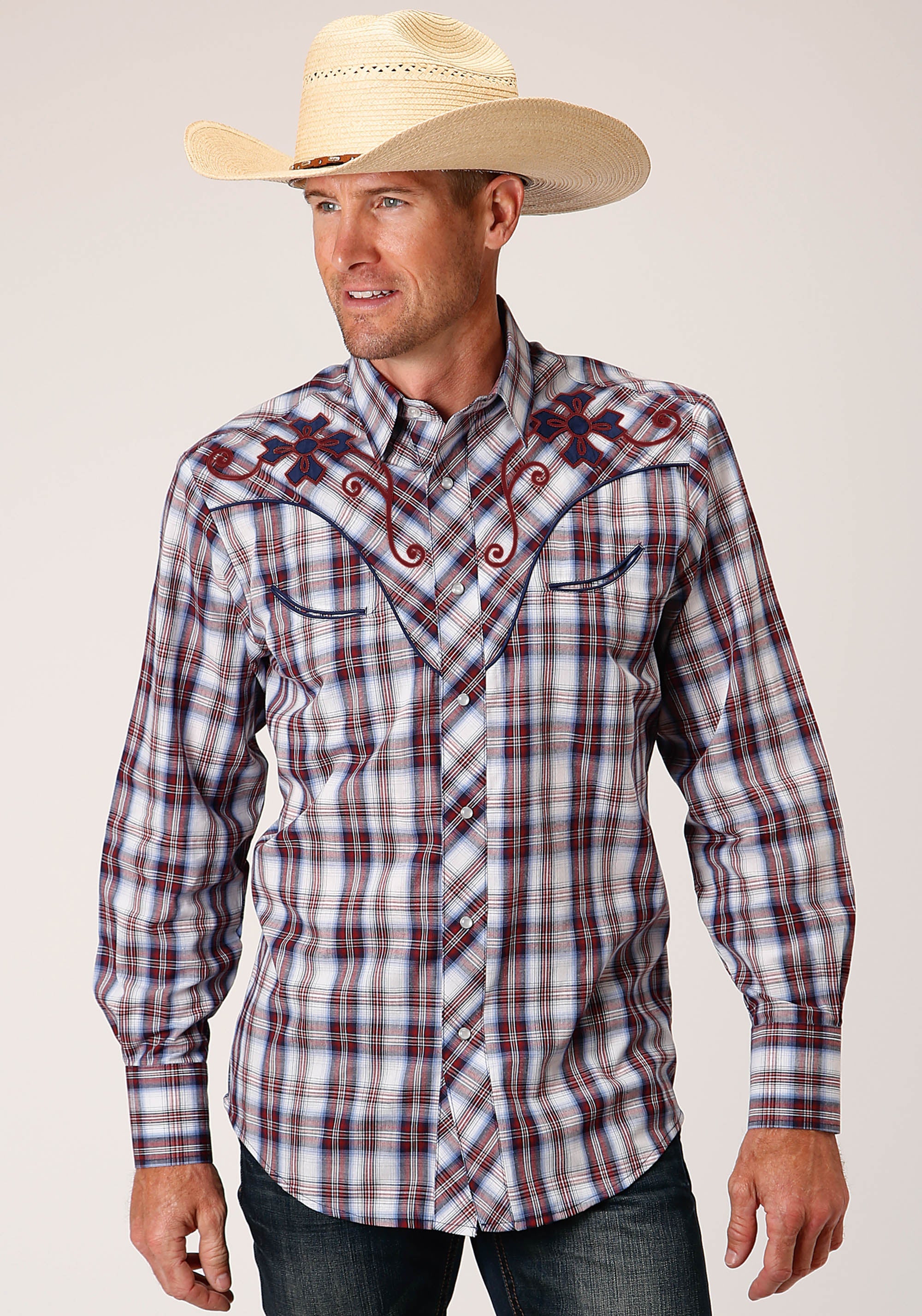 Roper Mens Long Sleeve Snap Wine  Navy  And White Plaid Western Shirt