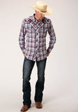 Roper Mens Long Sleeve Snap Wine  Navy  And White Plaid Western Shirt