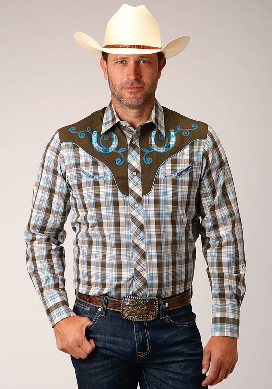 Roper Mens Long Sleeve Snap Brown  Blue  And White Plaid Western Shirt