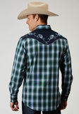 Roper Mens Long Sleeve Snap Ocean Plaid Western Shirt With Fancy Curved Yokes Applique On Back Yoke