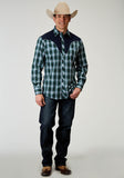 Roper Mens Long Sleeve Snap Ocean Plaid Western Shirt With Fancy Curved Yokes Applique On Back Yoke