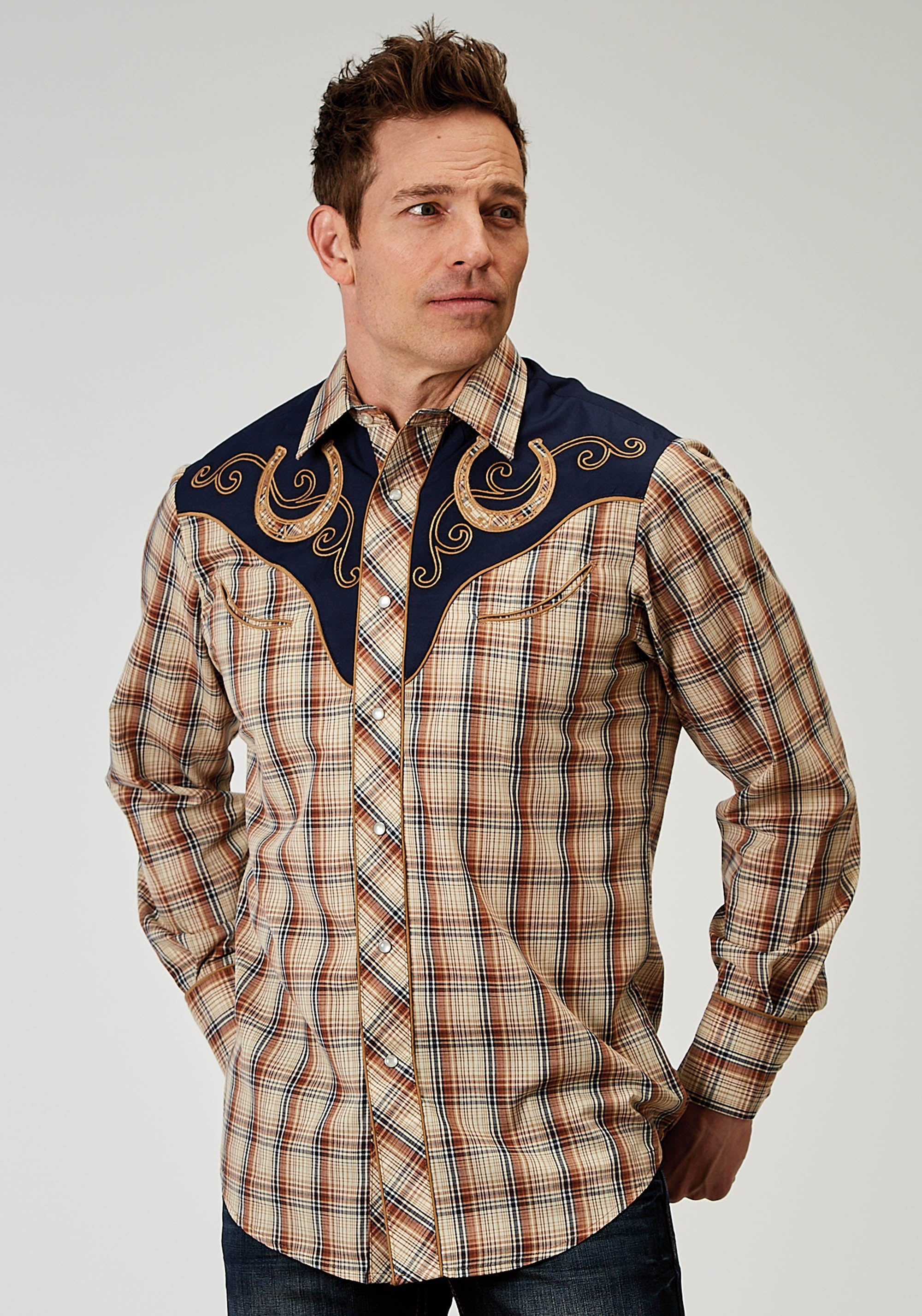 Roper Mens Long Sleeve Snap Brown Plaid Western Shirt With Fancy Curved Yokes Applique On Front Yoke