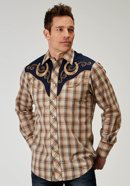 Roper Mens Long Sleeve Snap Brown Plaid Western Shirt With Fancy Curved Yokes Applique On Front Yoke - Roper