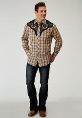 Roper Mens Long Sleeve Snap Brown Plaid Western Shirt With Fancy Curved Yokes Applique On Front Yoke