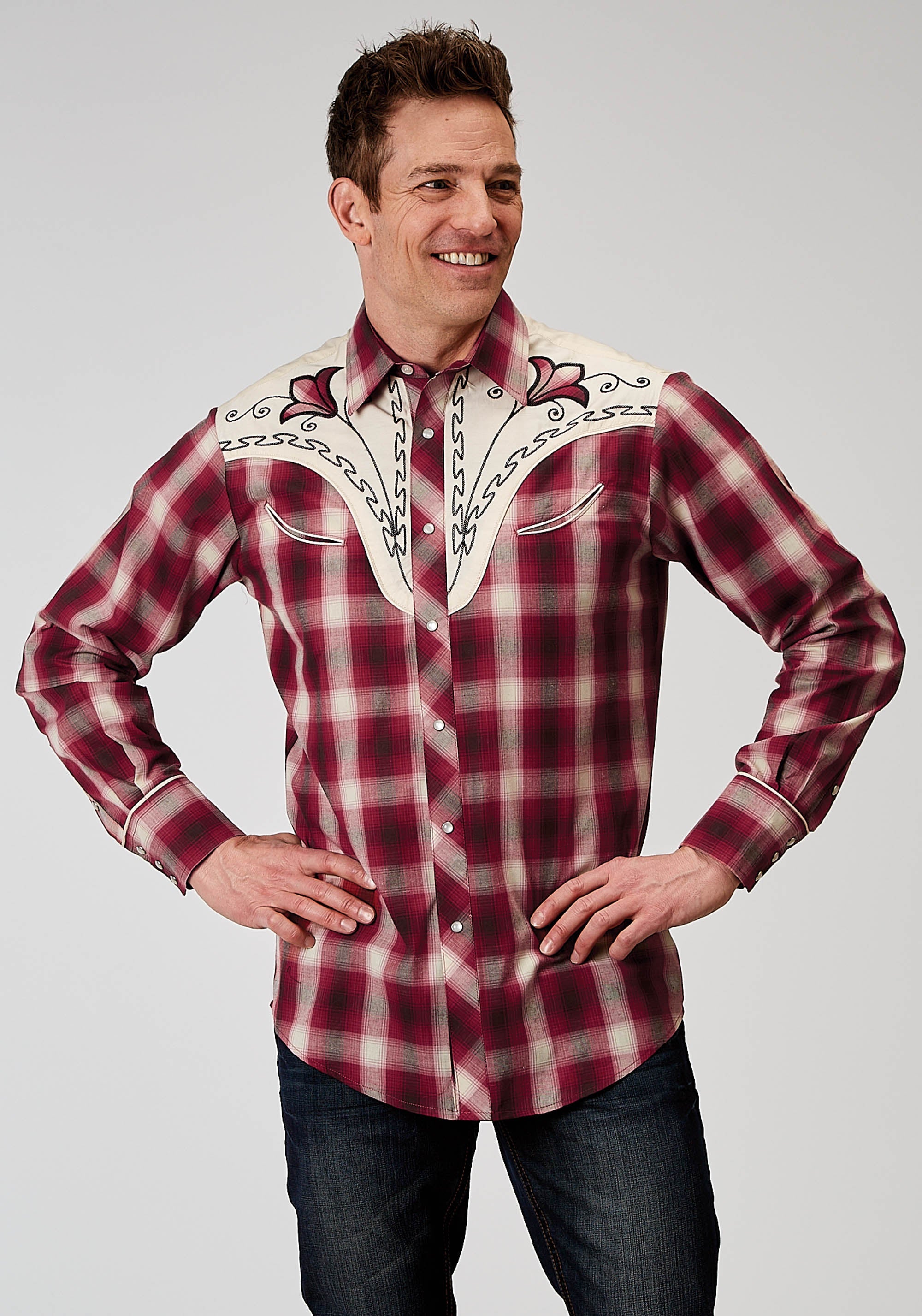 Roper Mens Long Sleeve Snap Red Plaid Western Shirt With Fancy Curved Yokes Applique On Front Yoke