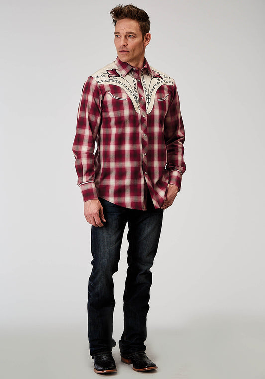 Roper Mens Long Sleeve Snap Red Plaid Western Shirt With Fancy Curved Yokes Applique On Front Yoke - Roper