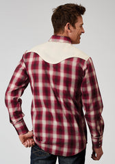 Roper Mens Long Sleeve Snap Red Plaid Western Shirt With Fancy Curved Yokes Applique On Front Yoke