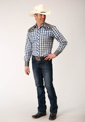 Roper Mens Long Sleeve Snap Royal  Black  And Cream Plaid Western Shirt