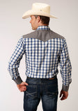 Roper Mens Long Sleeve Snap Royal  Black  And Cream Plaid Western Shirt