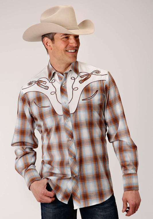 Roper Mens Long Sleeve Snap Butterscotch  Light Blue  Cream Plaid Western Shirt