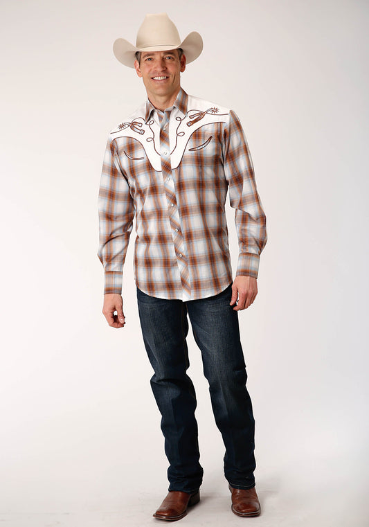 Roper Mens Long Sleeve Snap Butterscotch  Light Blue  Cream Plaid Western Shirt