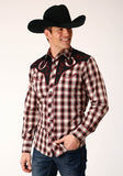 Roper Mens Long Sleeve Snap Wine Black Cream Plaid Western Shirt With Piping And Applique On Yokes