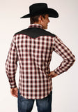 Roper Mens Long Sleeve Snap Wine Black Cream Plaid Western Shirt With Piping And Applique On Yokes